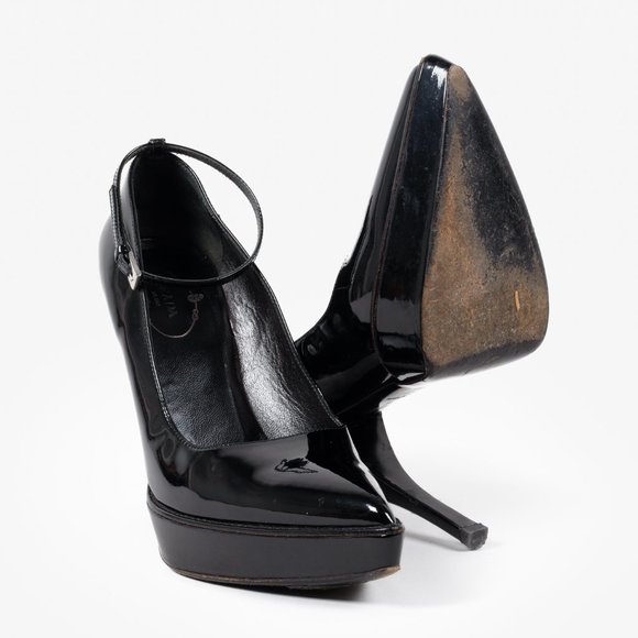Prada Black Patent Leather Ankle Strap Platform Pumps - Picture 4 of 9